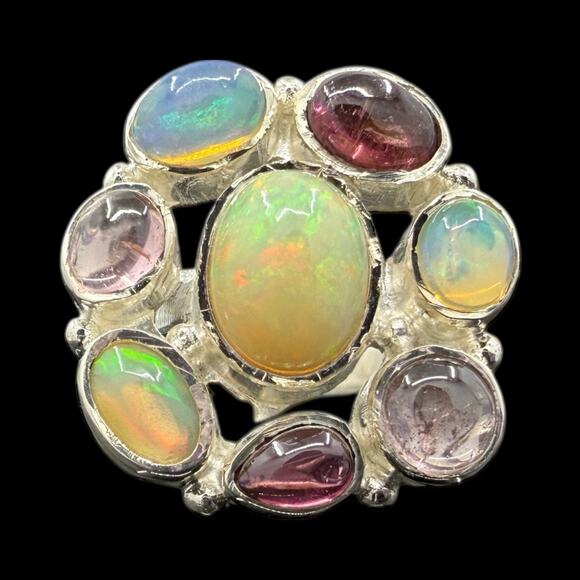 Natural Garnet Tourmaline Ethiopian Opal Cluster Ring 925 Sterling Silver Size 5 - Picture 4 of 5